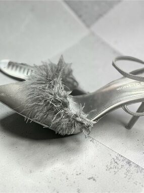Feather Accent Silver Slingback Heels for Women